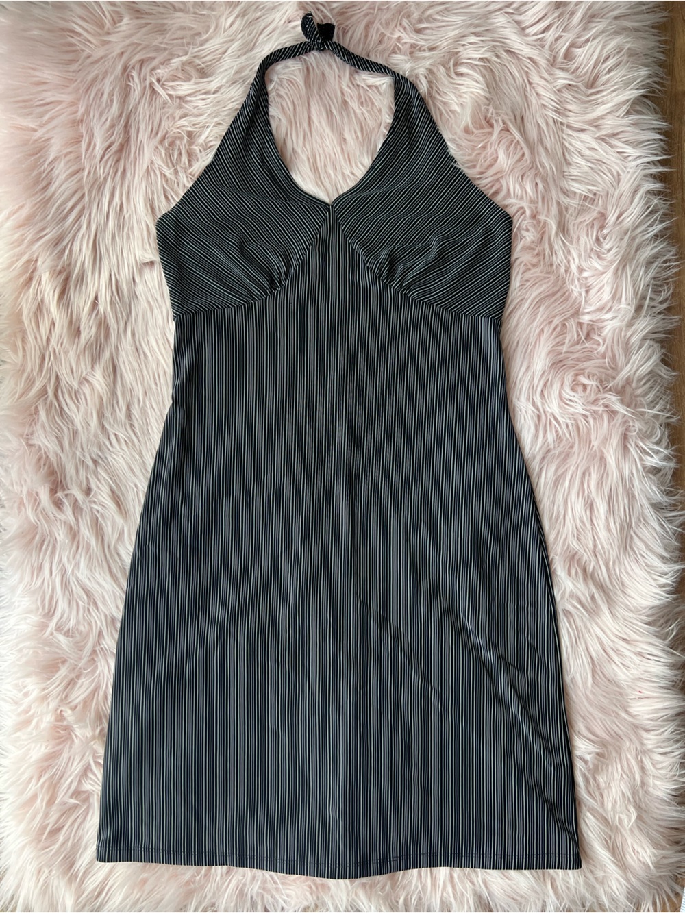 Vintage 90s Y2K Black & White Striped Midi Halter Dress